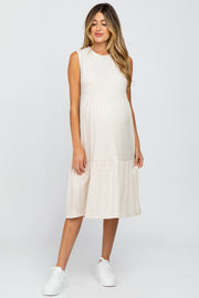 Beige Ribbed Sleeveless Maternity Midi Dress