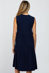 Navy Ribbed Sleeveless Maternity Midi Dress