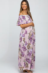 Lavender Floral Flounce Off Shoulder Maternity Maxi Dress