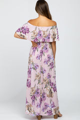 Lavender Floral Flounce Off Shoulder Maternity Maxi Dress