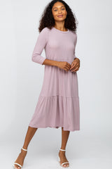 Lavender Tiered Ribbed 3/4 Sleeve Maternity Midi Dress