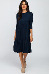 Navy Tiered Ribbed 3/4 Sleeve Maternity Midi Dress