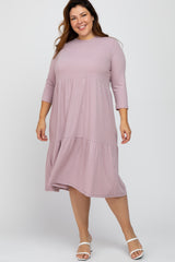 Lavender Tiered Ribbed 3/4 Sleeve Plus Midi Dress