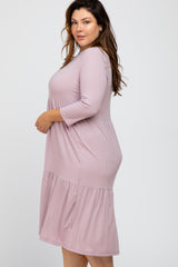 Lavender Tiered Ribbed 3/4 Sleeve Plus Midi Dress