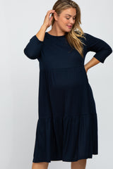 Navy Tiered Ribbed 3/4 Sleeve Plus Maternity Midi Dress