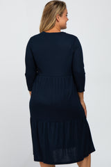 Navy Tiered Ribbed 3/4 Sleeve Plus Maternity Midi Dress