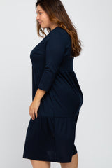 Navy Tiered Ribbed 3/4 Sleeve Plus Midi Dress