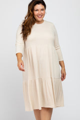 Beige Tiered Ribbed 3/4 Sleeve Plus Midi Dress