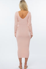 Pink V-Neck Long Sleeve Fitted Maternity Maxi Dress