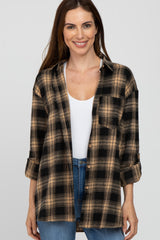 Taupe Black Plaid Button Down Top