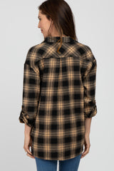 Taupe Black Plaid Button Down Top