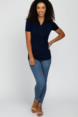 Navy Blue Solid Short Sleeve Wrap Front Nursing Top