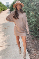 Taupe Funnel Neck Dolman Sleeve Mini Dress