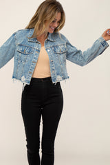 Light Blue Distressed Cropped Denim Jacket