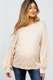 Beige Boat Neck Bubble Sleeve Maternity Sweater