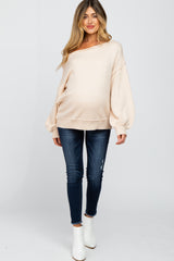 Beige Boat Neck Bubble Sleeve Maternity Sweater