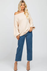 Beige Boat Neck Bubble Sleeve Sweater