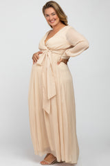 Cream Metallic Chiffon Maternity Plus Maxi Dress