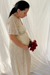 Cream Sequin Short Sleeve Maternity Maxi Dress