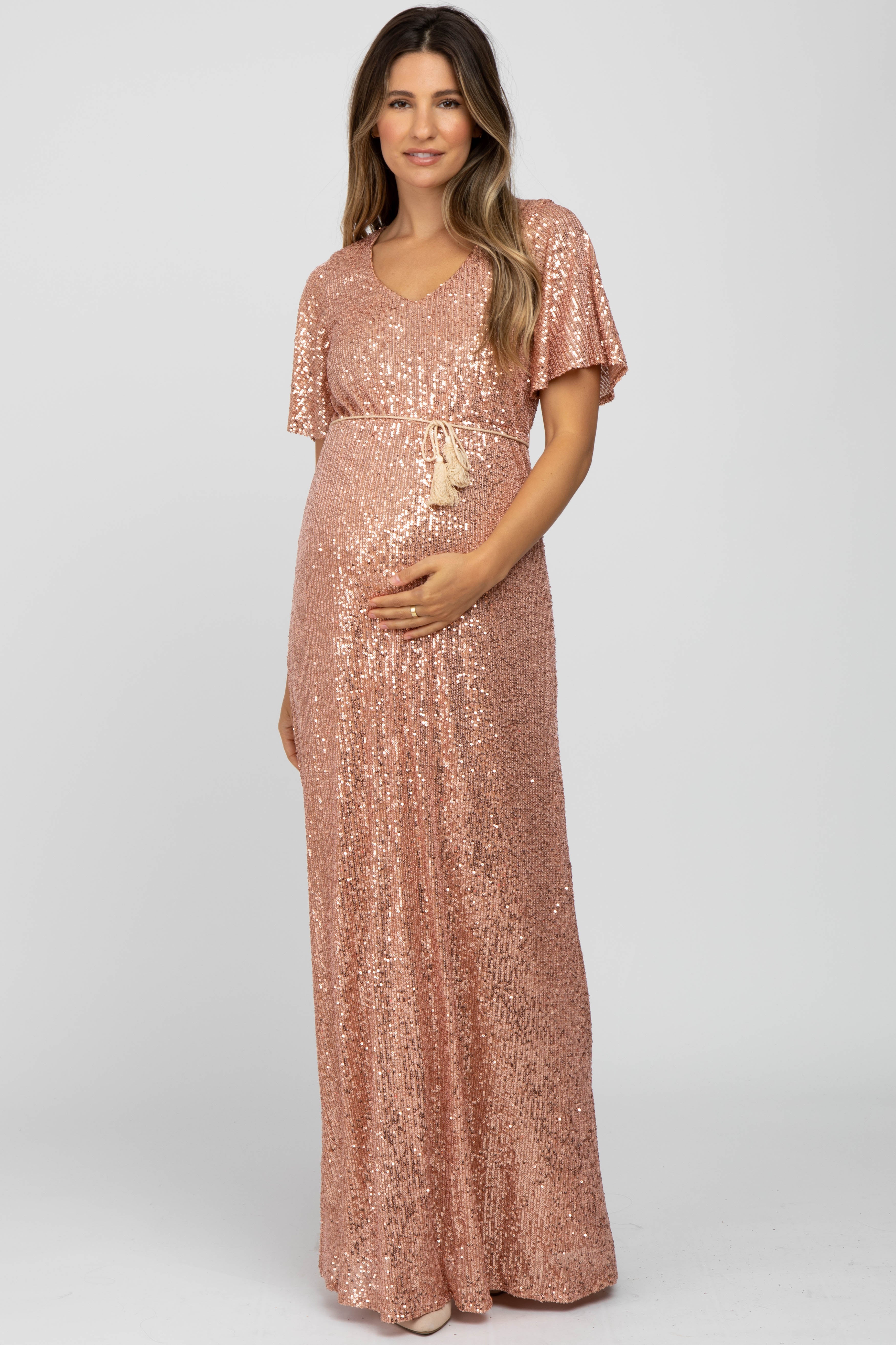 Pink Sequin Short Sleeve Maternity Maxi Dress – PinkBlush