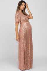 Pink Sequin Short Sleeve Maternity Maxi Dress