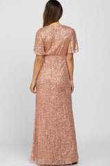 Pink Sequin Short Sleeve Maternity Maxi Dress