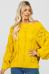 Yellow Cable Knit Off Shoulder Bubble Sleeve Maternity Sweater