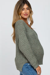 Olive V-Neck Side Slit Thick Knit Maternity Sweater