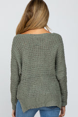 Olive V-Neck Side Slit Thick Knit Maternity Sweater