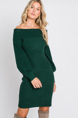 Forest Green Off Shoulder Bubble Sleeve Sweater Dress