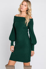 Forest Green Off Shoulder Bubble Sleeve Sweater Dress