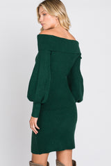 Forest Green Off Shoulder Bubble Sleeve Sweater Dress