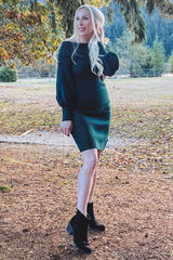 Forest Green Off Shoulder Bubble Sleeve Maternity Sweater Dress