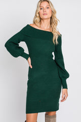 Forest Green Off Shoulder Bubble Sleeve Sweater Dress