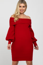 Red Off Shoulder Bubble Sleeve Maternity Sweater Dress