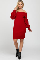 Red Off Shoulder Bubble Sleeve Maternity Sweater Dress