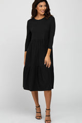 Black Tiered Ribbed 3/4 Sleeve Midi Dress