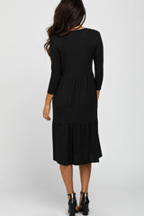 Black Tiered Ribbed 3/4 Sleeve Midi Dress