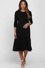 Black Tiered Ribbed 3/4 Sleeve Maternity Midi Dress