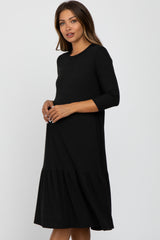 Black Tiered Ribbed 3/4 Sleeve Maternity Midi Dress