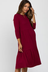 Burgundy Tiered Ribbed 3/4 Sleeve Maternity Midi Dress