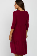 Burgundy Tiered Ribbed 3/4 Sleeve Maternity Midi Dress