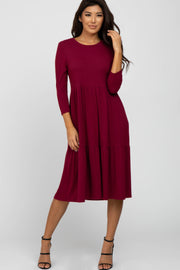 Burgundy Tiered Ribbed 3/4 Sleeve Midi Dress