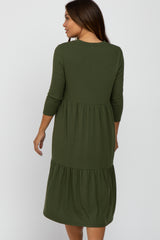 Olive Tiered Ribbed 3/4 Sleeve Maternity Midi Dress