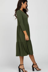 Olive Tiered Ribbed 3/4 Sleeve Midi Dress