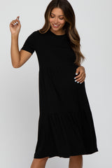 Black Ribbed Tiered Maternity Dress