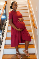 Burgundy Ribbed Tiered Maternity Dress