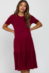 Burgundy Ribbed Tiered Maternity Dress