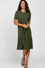 Olive Ribbed Tiered Maternity Dress