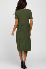 Olive Ribbed Tiered Dress